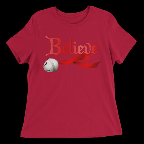 Believe Jingle Bell  Women's Relaxed Tee - Red